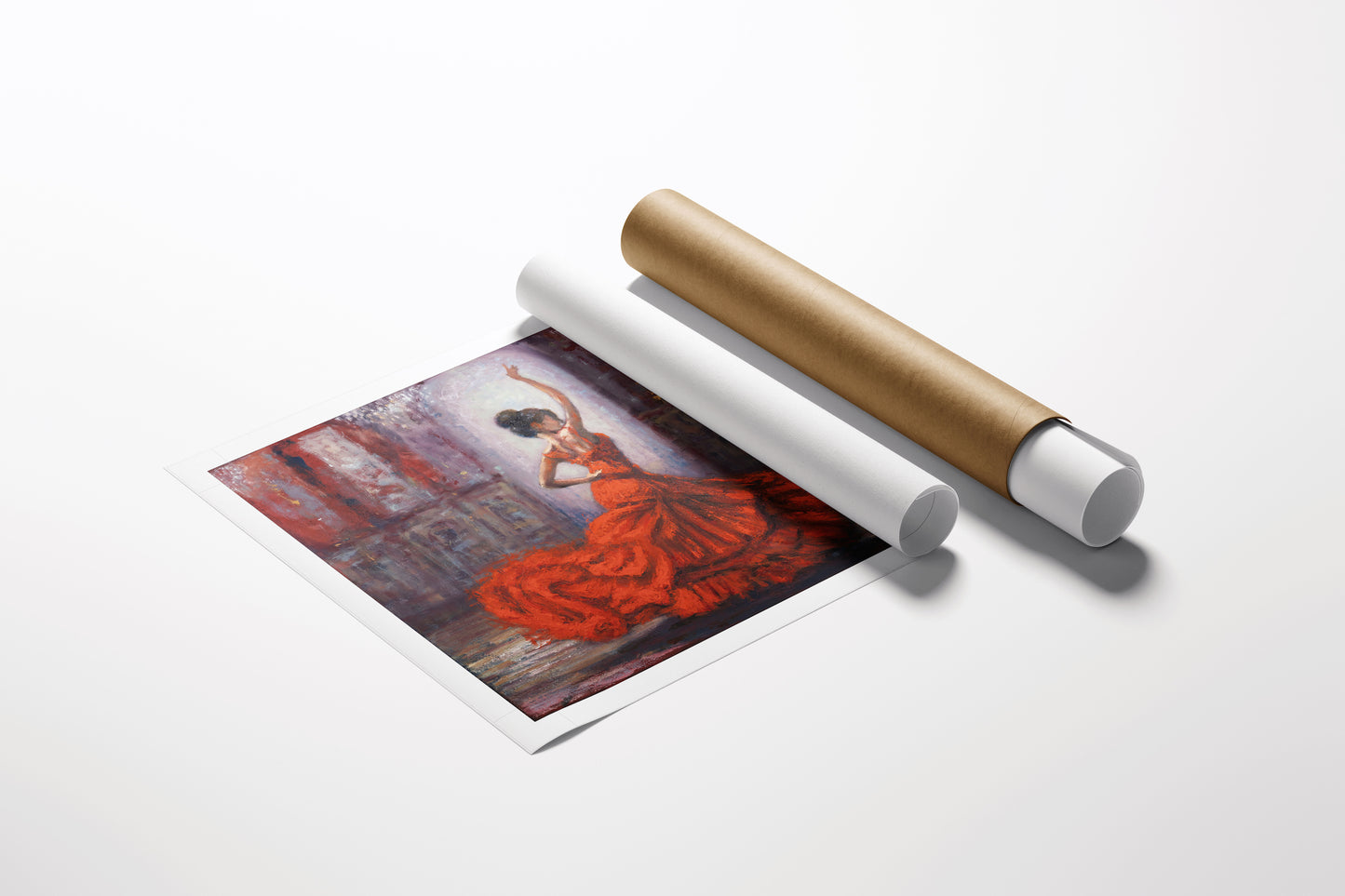 Limited edition fine art rolled canvas depicting a rich, detailed figurative scene of a dancer in a vibrant red dress,. - Ballroom Bling/AP/#672 - Artist Proofs, Dancers AP, Figurative AP, Rolled Canvas