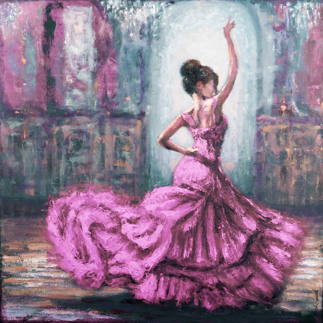 Gallery-level fine art painting of a female ballroom dancer in a voluminous rich purple gown, gracefully posed with one arm. - Ballroom Bling/#672/B - Color, Dancers, Figurative, Prints, Purples, Subject Matter
