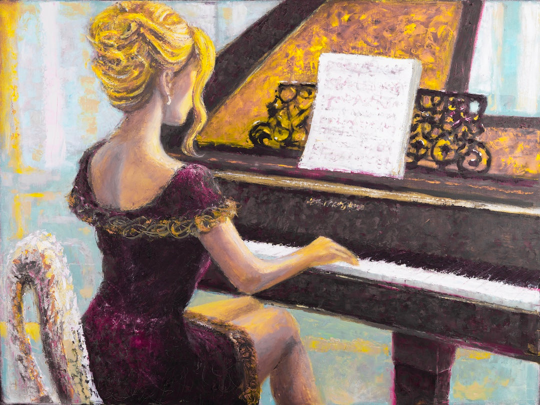 Gallery-level fine art painting of a woman in a rich burgundy dress playing a grand piano, featuring vibrant yellows, blues, . - Sequence in Gold/#677/A - Blues, Color, Figurative, Oranges, Prints, Subject Matter, Women & Piano, Yellows