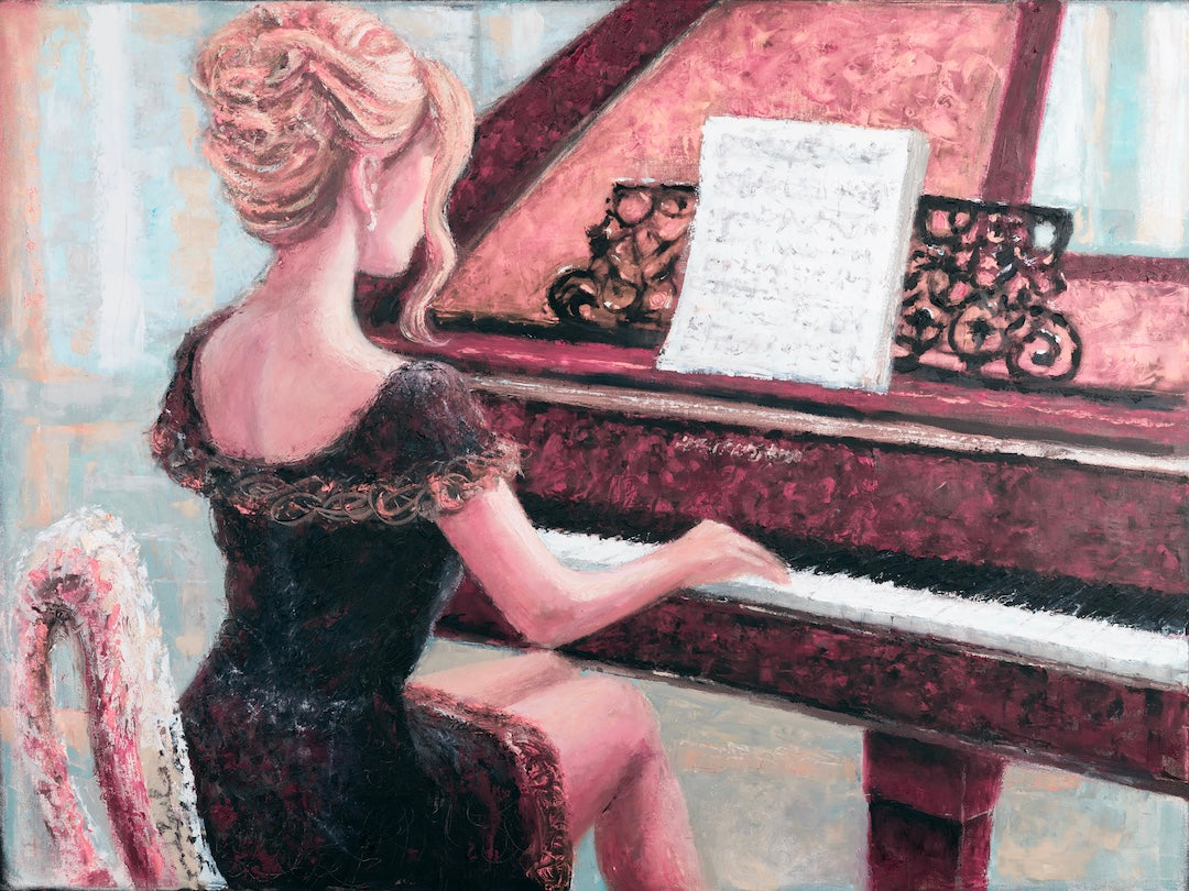 Rich, gallery-level fine art painting of a woman in a black lace dress playing a grand piano with sheet music, detailed. - Sequence in Gold/#677/B - Blues, Color, Figurative, Prints, Reds, Subject Matter, Women & Piano
