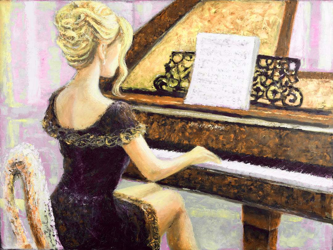 Limited fine art print showcasing a woman in a black dress playing a richly detailed brown piano, with purples, yellows, and . - Sequence in Gold/#677/C - Color, Figurative, Oranges, Prints, Purples, Subject Matter, Women & Piano, Yellows