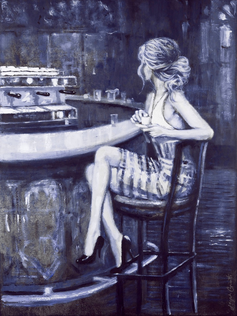 Limited fine art print of a figurative woman in purples seated at a curved bar, showcasing rich craftsmanship and. - Cafe Americano/#681/A - Color, Figurative, Prints, Purples, Subject Matter