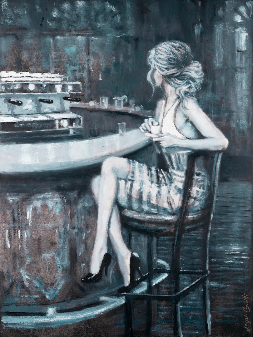 Gallery-level fine art print featuring a figurative woman in a striped dress seated at a curved cafe bar, rendered in rich. - Cafe Americano/#681/B - Blues, Color, Figurative, Prints, Subject Matter