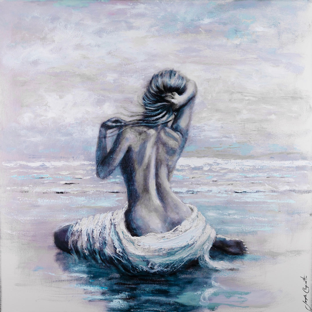 Limited fine art print of a figurative woman sitting in shallow water, soft blue and gray tones, rich texture, gallery-level . - Soft Easy Feeling/#682/A - Blues, Color, Figurative, Prints, Subject Matter, Water Scenes
