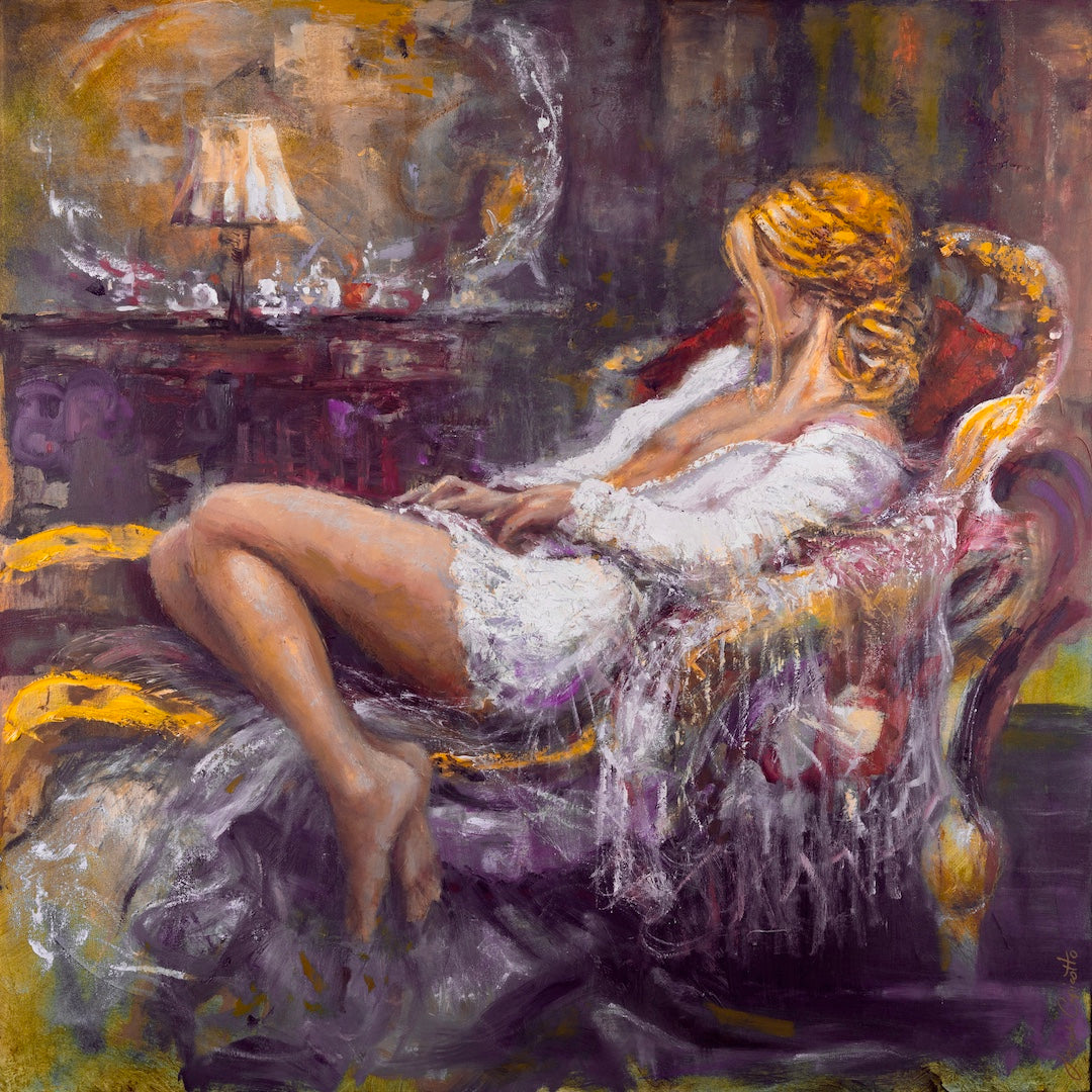 Gallery-level fine art canvas depicting a seated woman in white satin and lace, surrounded by rich purples and oranges,. - Satin & Lace/#683/A - Color, Figurative, Oranges, Prints, Purples, Subject Matter