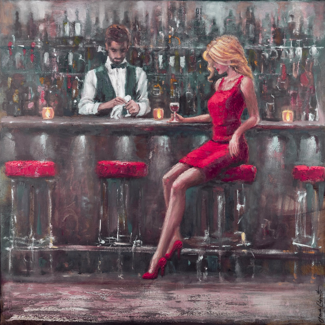 Gallery-level fine art print depicting a dimly lit bar scene with a red-dressed woman seated on a stool, a bartender pouring . - One Lonely Night/#684/A - Color, Figurative, Prints, Reds, Subject Matter