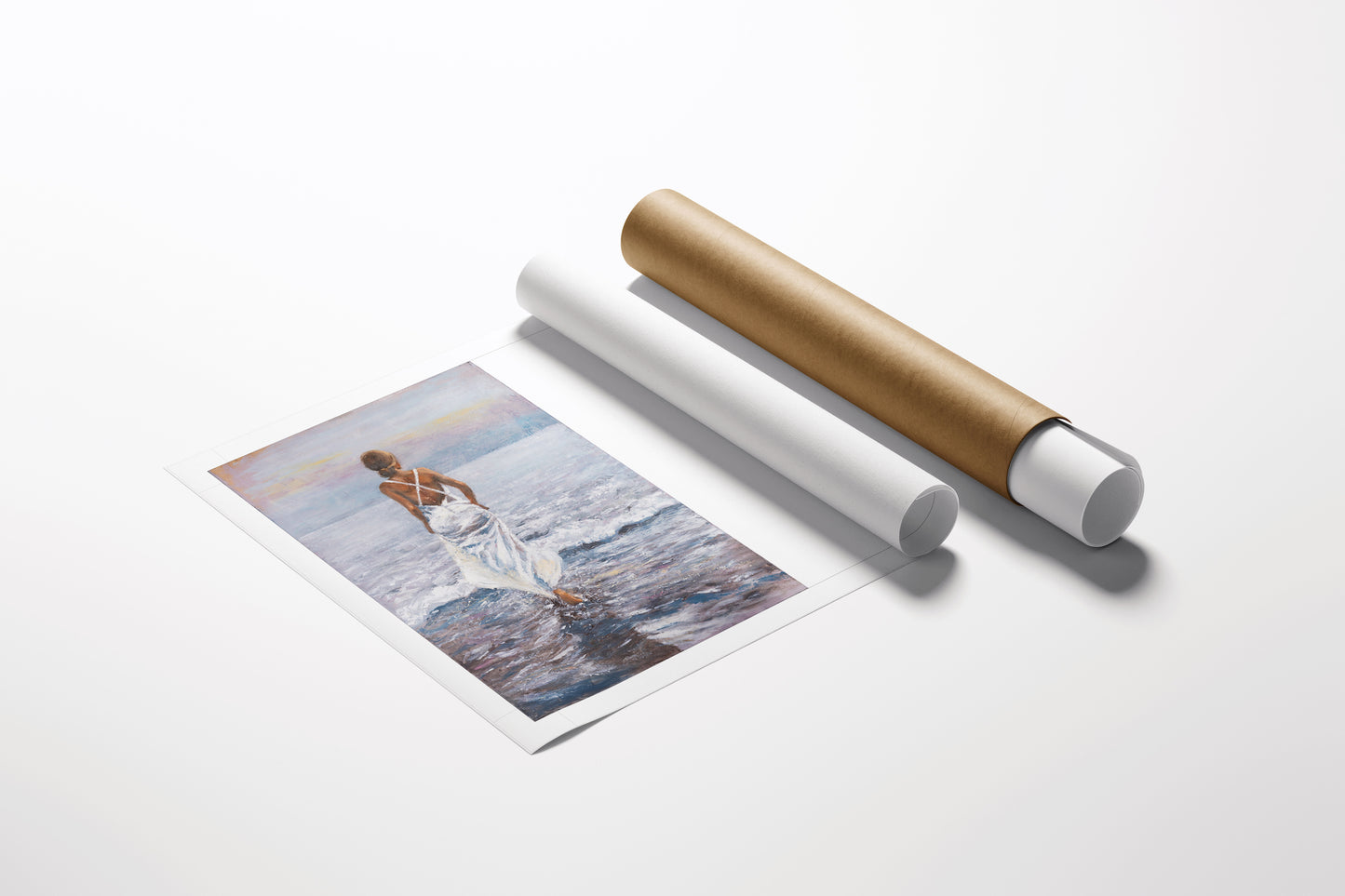 Limited edition gallery-level fine art print titled White Satin Woman/AP/#686 depicting a woman in a white satin dress. - White Satin Woman/AP/#686 - Artist Proofs, Figurative AP, Landscape AP, Rolled Canvas, Water Scenes AP