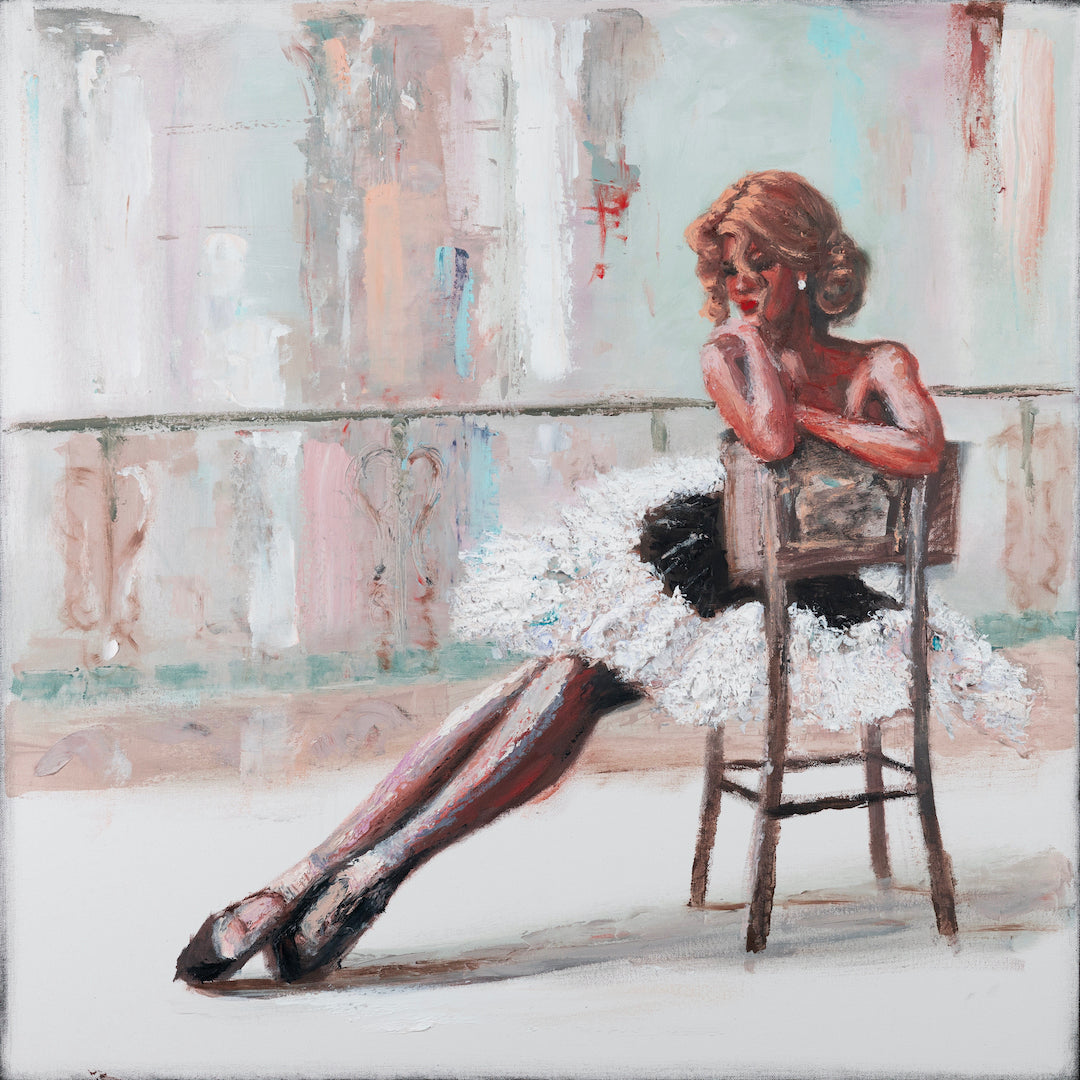 Fine art canvas print showcasing a rich, figurative ballerina in a white tutu seated backward on a chair, rendered with. - Ballerina Dreams/#691/B - Blues, Color, Dancers, Figurative, Prints, Reds, Subject Matter