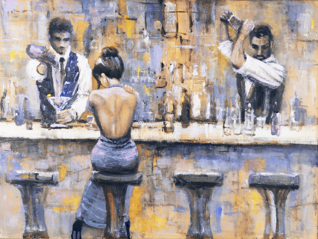 Gallery-level fine art canvas featuring a rich, figurative bar scene with blues and orange tones, showcasing expert. - Bar Stool Blues/#694/A - Blues, Color, Figurative, Oranges, Prints, Subject Matter