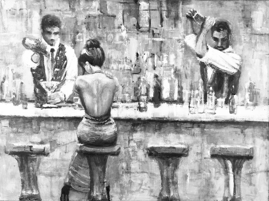 Black and white fine art canvas showing a figurative bar scene with a seated woman in a dress and two bartenders, rich in. - Bar Stool Blues/#694/D - Black & White, Color, Figurative, Prints, Subject Matter