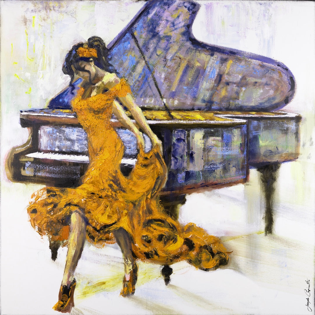 Richly textured fine art print of a graceful female dancer in an orange dress taking a bow beside a deep blue piano,. - Take a Bow/#695/A - Blues, Color, Dancers, Figurative, Oranges, Prints, Subject Matter, Women & Piano