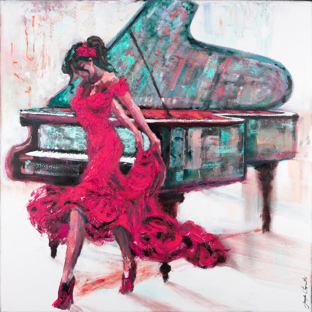 Rich, limited fine art depicting a woman in a flowing red dress gracefully dancing beside a teal grand piano, showcasing. - Take a Bow/#695/B - Color, Figurative, Greens, Prints, Reds, Subject Matter, Women & Piano