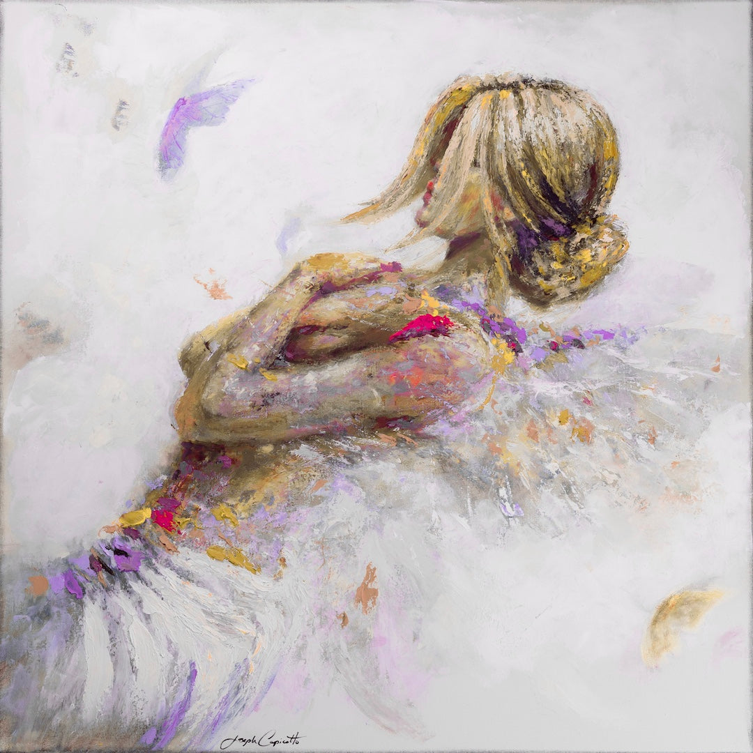 Limited fine art canvas showing rich textured figurative portrait of a woman in soft purples and yellows with delicate. - A Girl's Best Friend/#697/A - Color, Diamond, Figurative, Prints, Purples, Subject Matter, Yellows