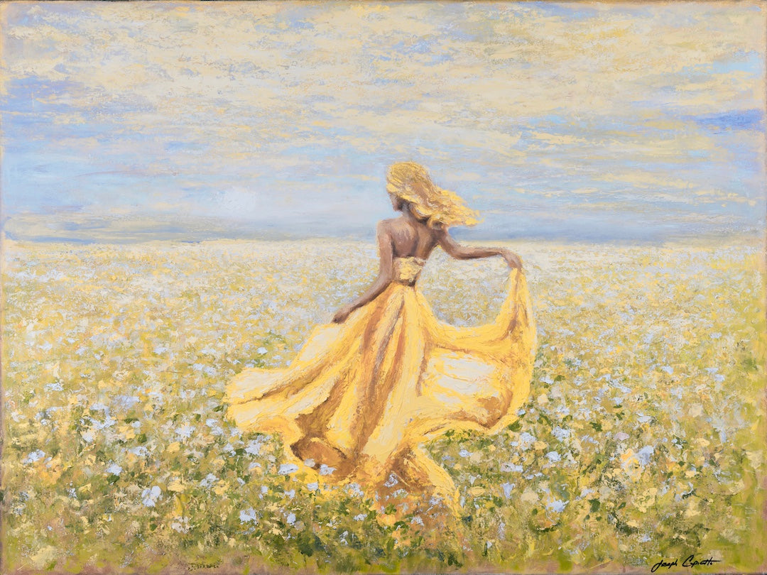 Limited fine art canvas featuring a woman in a flowing yellow dress in a golden field under a soft blue sky, showcasing rich . - Red Soul Fever/#678/D (Copy) - Test 2 - Artist Proofs, Limited Editions, Rolled Canvas