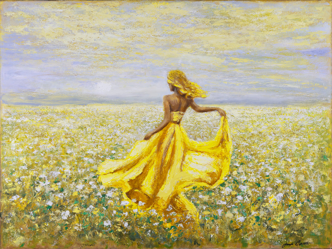 Limited fine art canvas print of a figurative landscape with a woman in a flowing yellow dress walking through a lush green. - On the Horizon/#702/B - Color, Figurative, Greens, Landscape, Prints, Subject Matter, Yellows