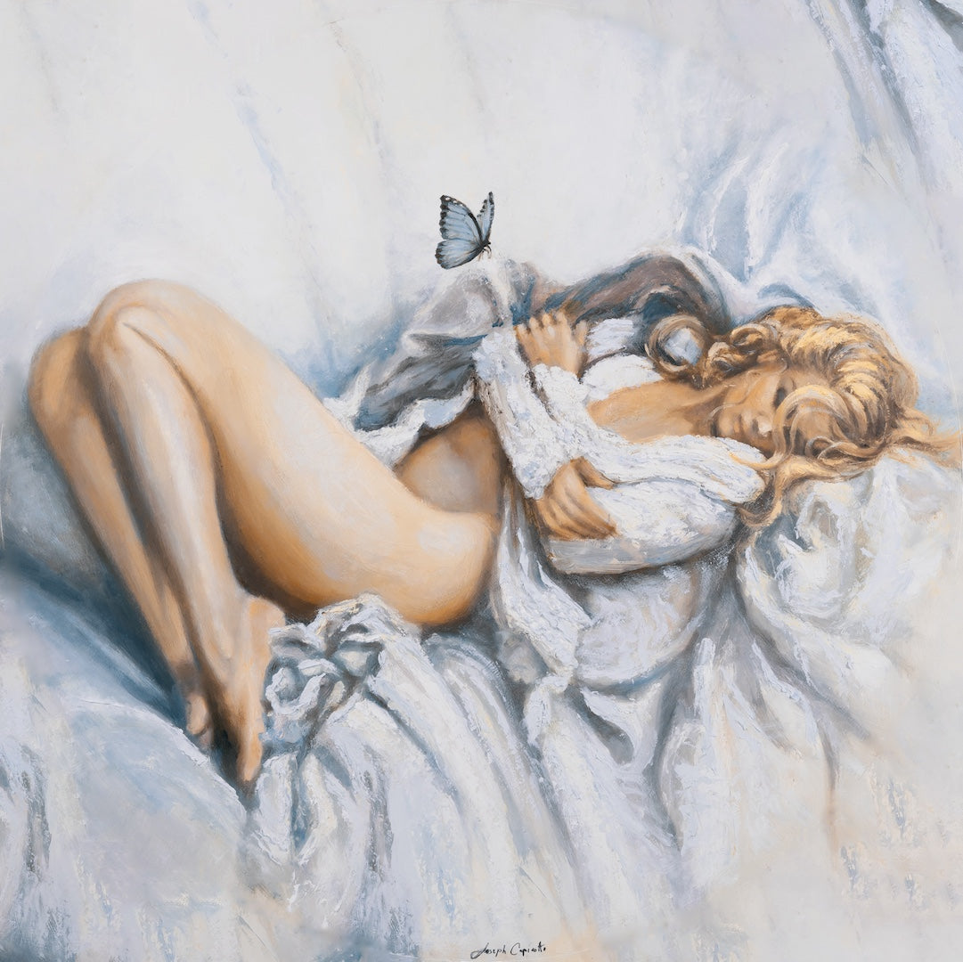 Fine art canvas featuring a figurative scene of a reclining woman in warm tones of blues and oranges, showcasing rich. - Chrysalis/#703/A - Blues, Color, Figurative, Oranges, Prints, Subject Matter