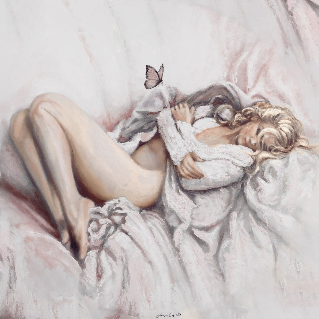Richly detailed fine art canvas depicting a nude woman curled on soft white linens, a delicate butterfly resting near her. - Chrysalis/#703/C - Color, Figurative, Prints, Reds, Subject Matter