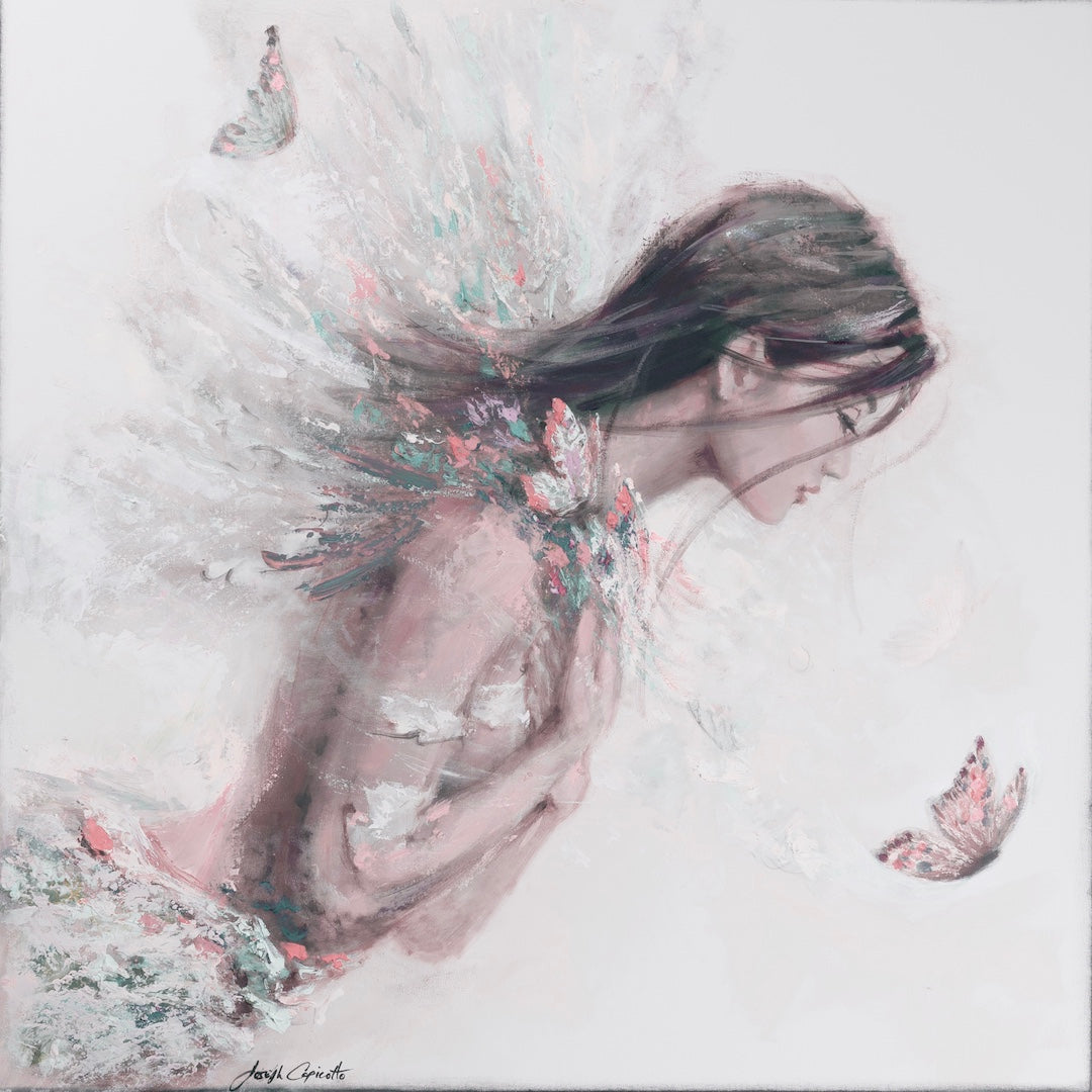 Gallery-level fine art of a delicate girl with dark hair surrounded by soft pastel florals and two light pink butterflies on . - Butterfly Girl (series)/#706/B - Color, Diamond, Figurative, Greens, Prints, Reds, Subject Matter