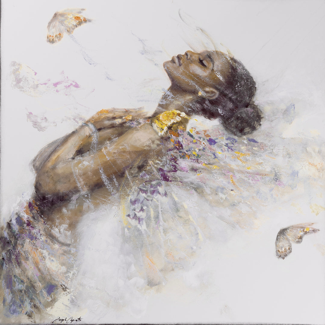 Fine art portrait of a dark-skinned woman with closed eyes, surrounded by delicate purple and yellow butterflies, rendered. - Butterfly Girl (series)/#707/A - Color, Diamond, Figurative, Prints, Purples, Subject Matter, Yellows
