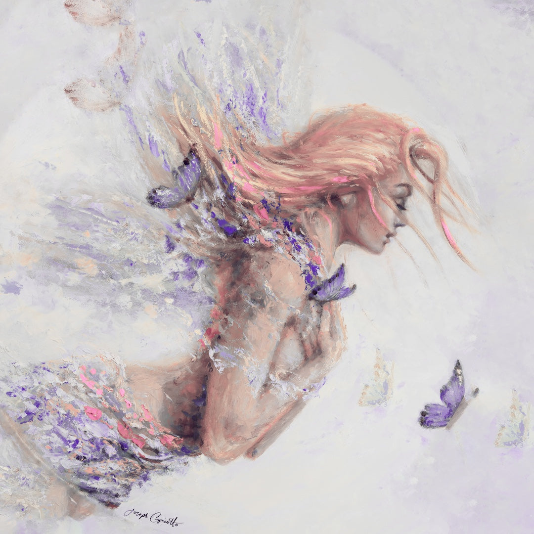 Fine art canvas print of a figurative girl with flowing pink hair transforming into a flutter of purple butterflies and. - Butterfly Girl (diamond series)/#709/B - Color, Diamond, Figurative, Prints, Purples, Subject Matter