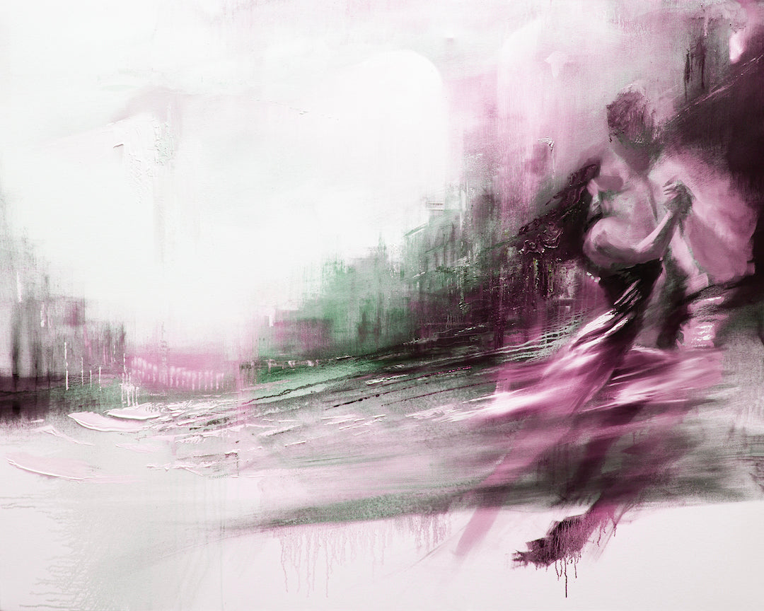 Limited fine art print depicting two dancers in motion with rich purples and grays, showcasing gallery-level craftsmanship. - Dancers #3/#05/B - Color, Dancers, Figurative, Prints, Purples, Subject Matter