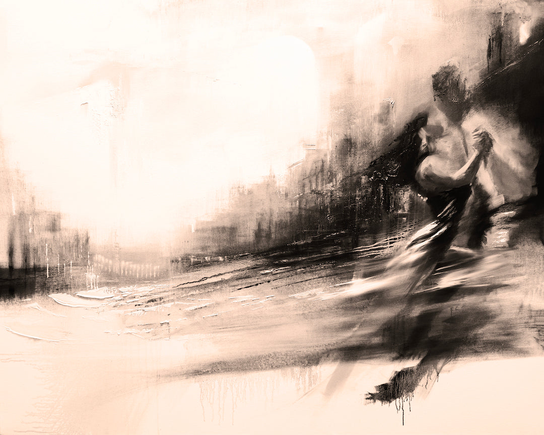 Sepia-toned fine art print of two dancers mid-motion, rich brushstrokes create dynamic, abstract movement, gallery-level. - Dancers #3/#05/E - Color, Dancers, Figurative, Prints, Sepia, Subject Matter