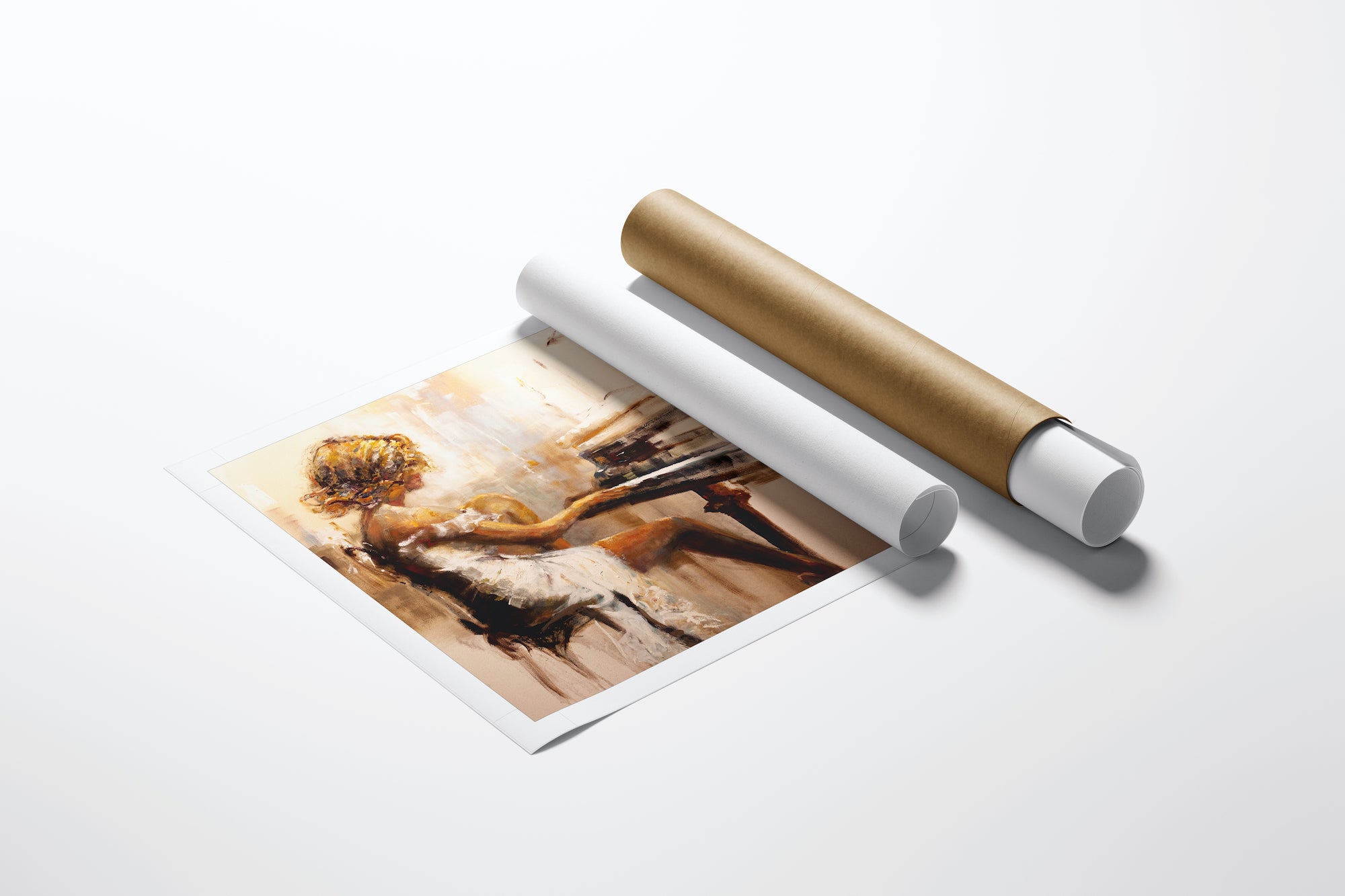 Rolled limited edition fine art print of a woman playing piano, rich warm tones, gallery-level craftsmanship on rolled canvas. - Solo Serenade/AP/#102 - Artist Proofs, Figurative AP, Rolled Canvas, Women & Piano AP