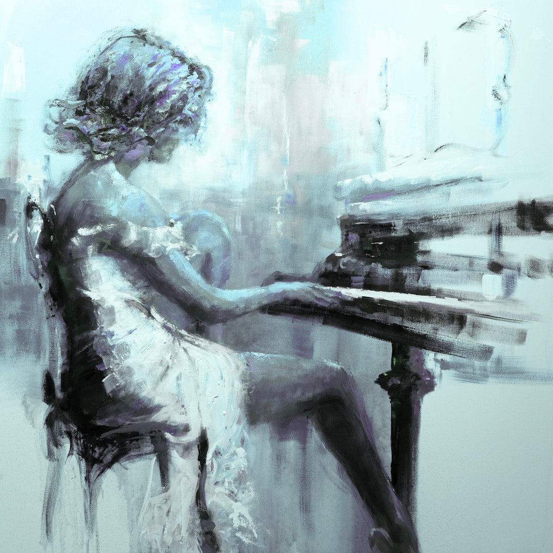 Limited fine art canvas print featuring a figurative woman playing piano with rich blues and soft whites, showcasing. - Solo Serenade/#102/A - Blues, Color, Figurative, Prints, Subject Matter, Women & Piano