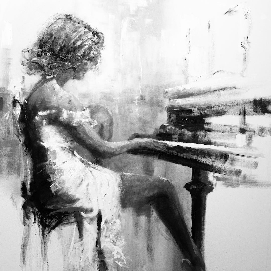 Fine art black and white limited edition figurative print of a woman playing piano, showcasing rich texture and. - Solo Serenade/#102/D - Black & White, Color, Figurative, Prints, Subject Matter, Women & Piano