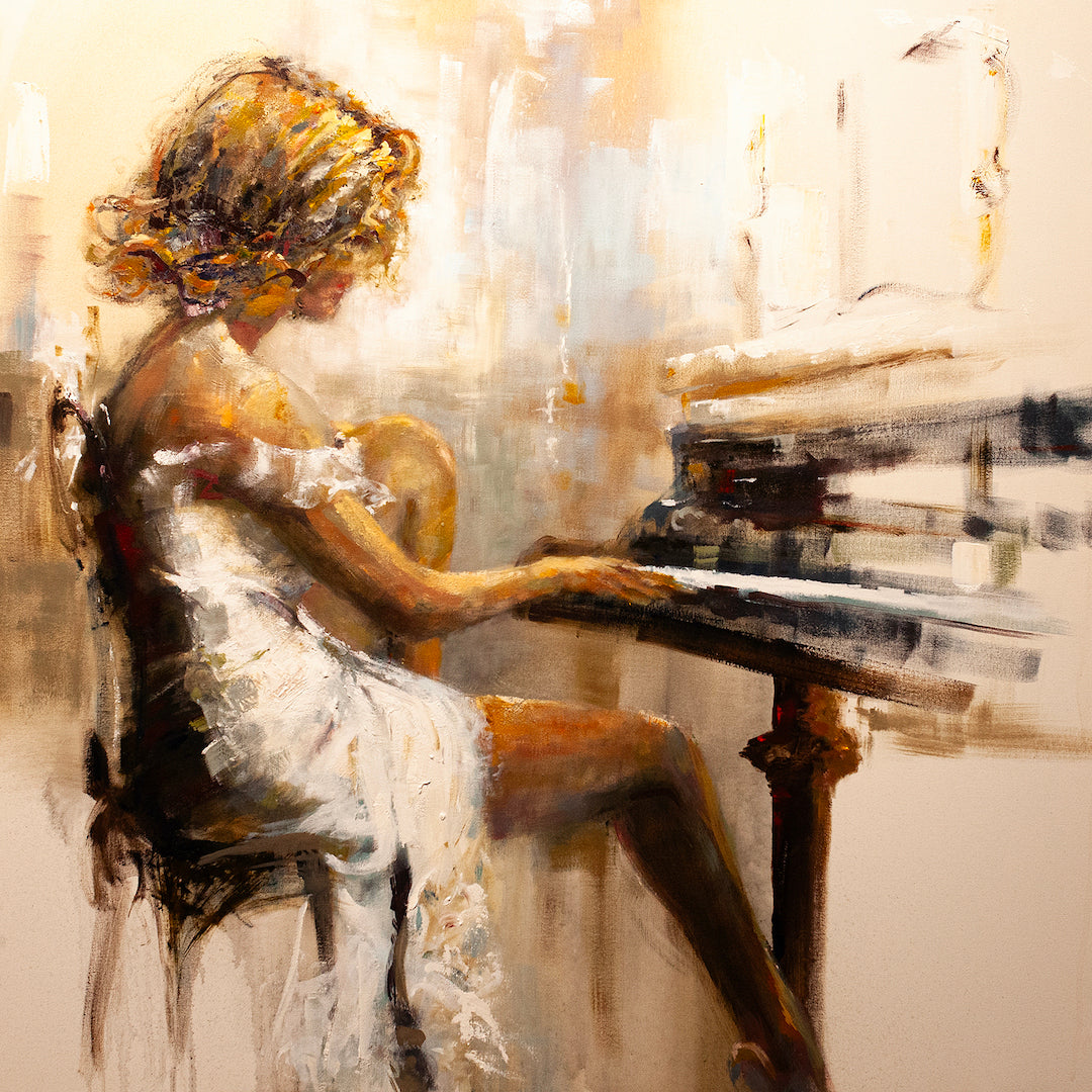 Fine art painting of a woman in a white dress playing piano, rich textured brushstrokes, gallery-level craftsmanship,. - Solo Serenade/AP/#102 - Artist Proofs, Figurative AP, Rolled Canvas, Women & Piano AP