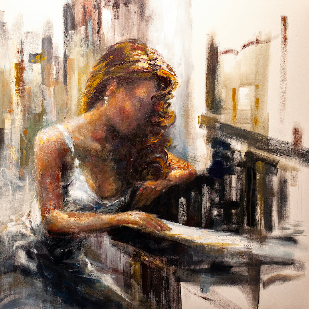Fine art figurative painting of a woman playing piano, rich warm tones, dynamic brushstrokes, gallery-level craftsmanship,. - Play Misty/AP/#103 - Artist Proofs, Figurative AP, Rolled Canvas, Women & Piano AP