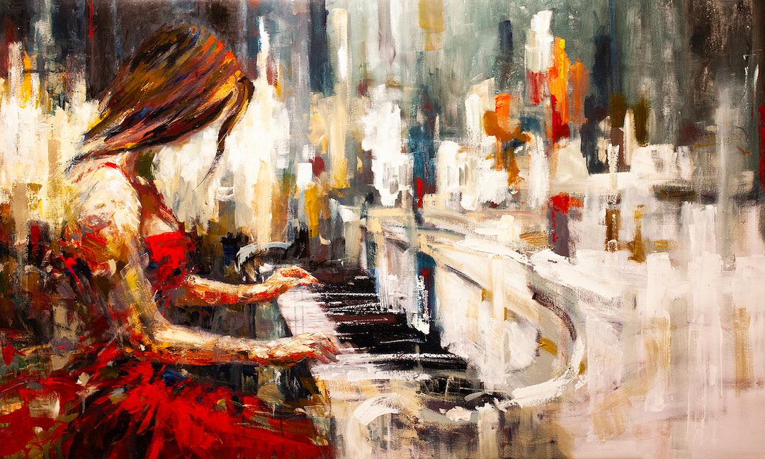 Richly textured fine art painting of a woman in a red dress playing piano, showcasing gallery-level craftsmanship with. - Fragmented Memories/AP/#104 - Artist Proofs, Figurative AP, Rolled Canvas, Women & Piano AP