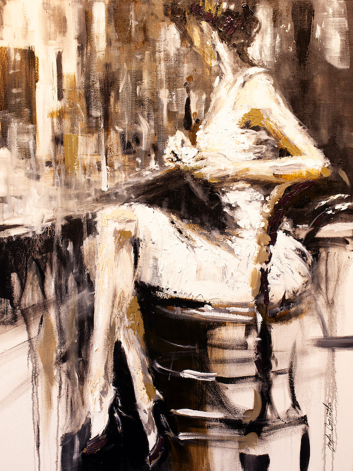 Gallery-level fine art figurative painting on canvas showing a seated woman in rich earthy tones with expressive brushwork. - Espresso Lungo/AP/#109 - Artist Proofs, Figurative AP, Rolled Canvas