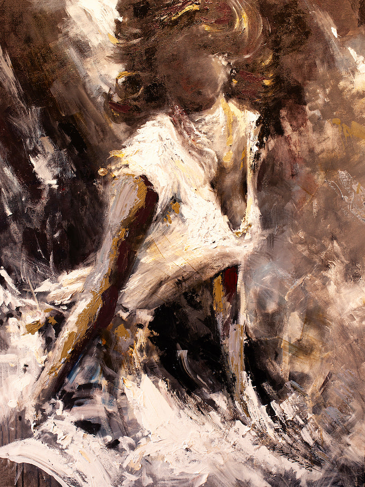Limited fine art figurative painting on rolled canvas, showcasing rich earthy tones and expressive brushstrokes of a girl in . - Fever/AP/#110 - Artist Proofs, Figurative AP, Rolled Canvas
