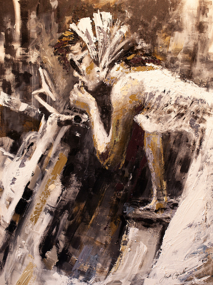 Gallery-level fine art figurative painting in rich earth tones, depicting a woman with a feathered headpiece gently. - Lipstick/AP/#111 - Artist Proofs, Figurative AP, Rolled Canvas