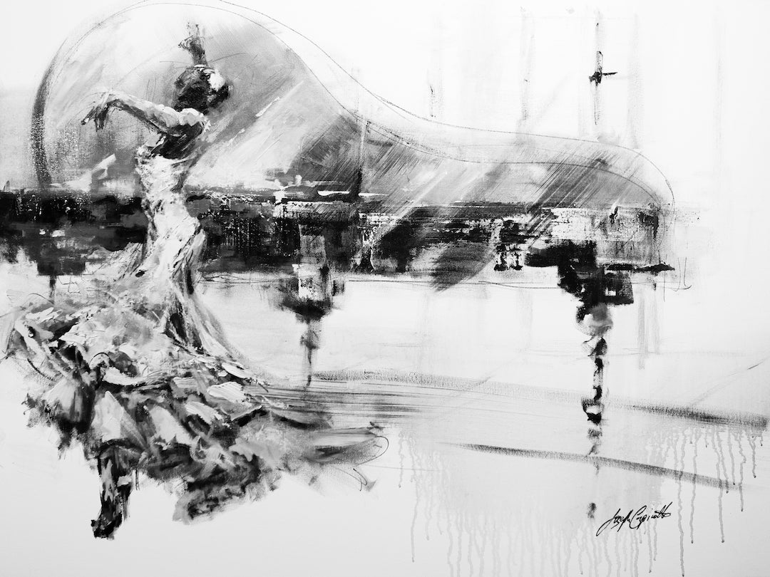 Black and white fine art print of a dynamic flamenco dancer mid-twirl with flowing dress near a piano, showcasing rich. - Spanish Dynamic/#112/D - Black & White, Color, Dancers, Figurative, Prints, Subject Matter, Women & Piano