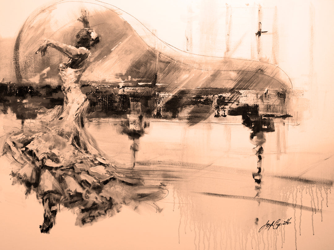 Sepia-toned fine art print of a flamenco dancer with raised arms beside a grand piano, rich brushwork and dynamic motion. - Spanish Dynamic/#112/E - Color, Dancers, Figurative, Prints, Sepia, Subject Matter, Women & Piano