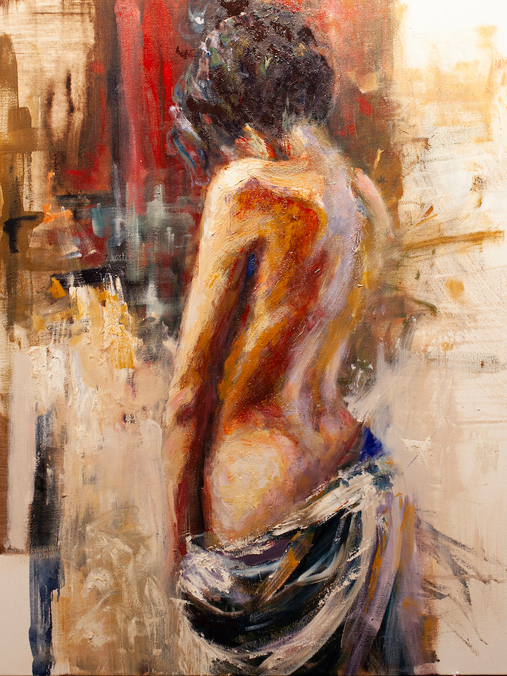 Fine art painting of a woman’s back with rich, textured brushstrokes and warm earthy tones, showcasing gallery-level. - Girl with Beautiful Back/AP/#116 - Artist Proofs, Figurative AP, Rolled Canvas