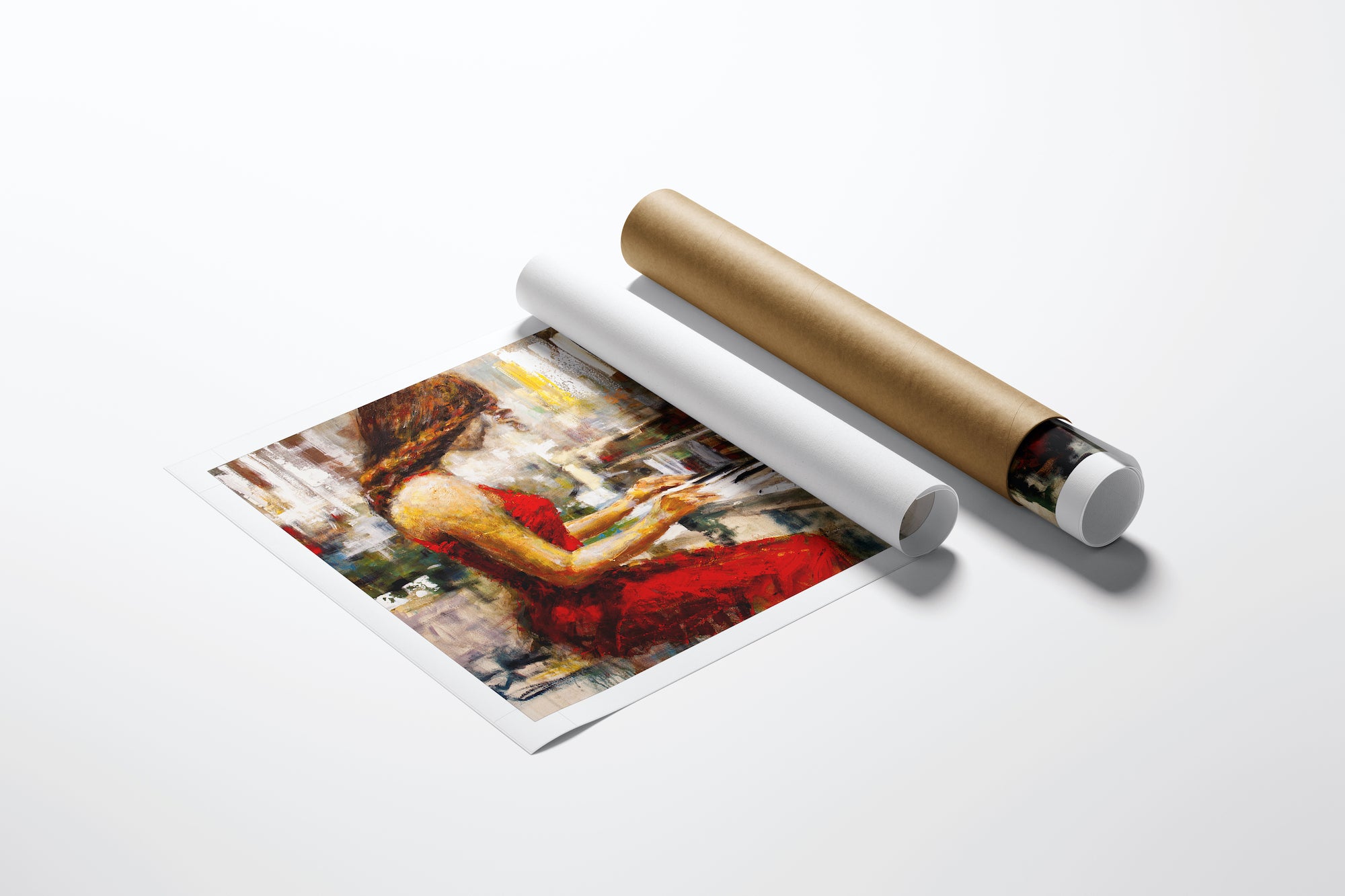 Rolled canvas fine art print featuring a rich, gallery-level figurative painting of a woman at a piano, showcasing. - Piano Prism/AP/#119 - Artist Proofs, Figurative AP, Rolled Canvas, Women & Piano AP