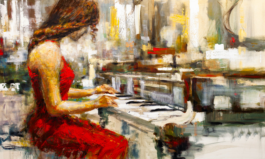 Rich fine art painting of a woman in a red dress playing piano, showcasing gallery-level craftsmanship on textured canvas. - Piano Prism/AP/#119 - Artist Proofs, Figurative AP, Rolled Canvas, Women & Piano AP