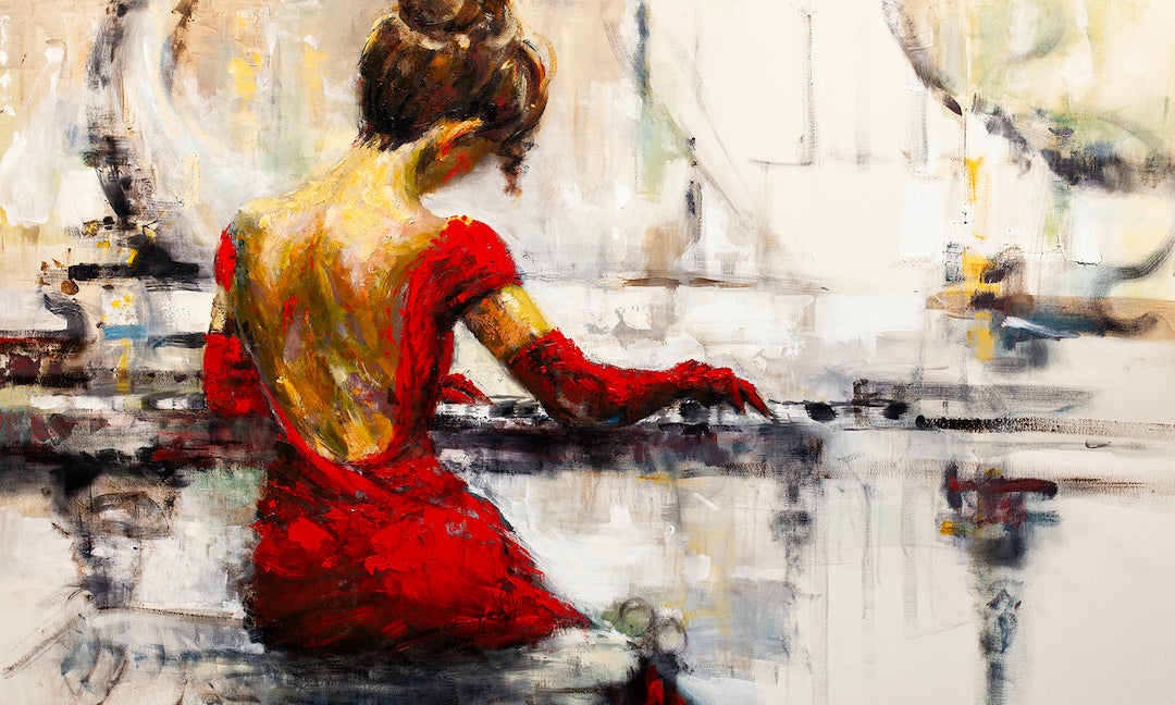 Limited fine art figurative painting of a woman in a red dress playing piano, rich texture and gallery-level craftsmanship. - With the Flow/AP/#120 - Artist Proofs, Figurative AP, Rolled Canvas, Women & Piano AP