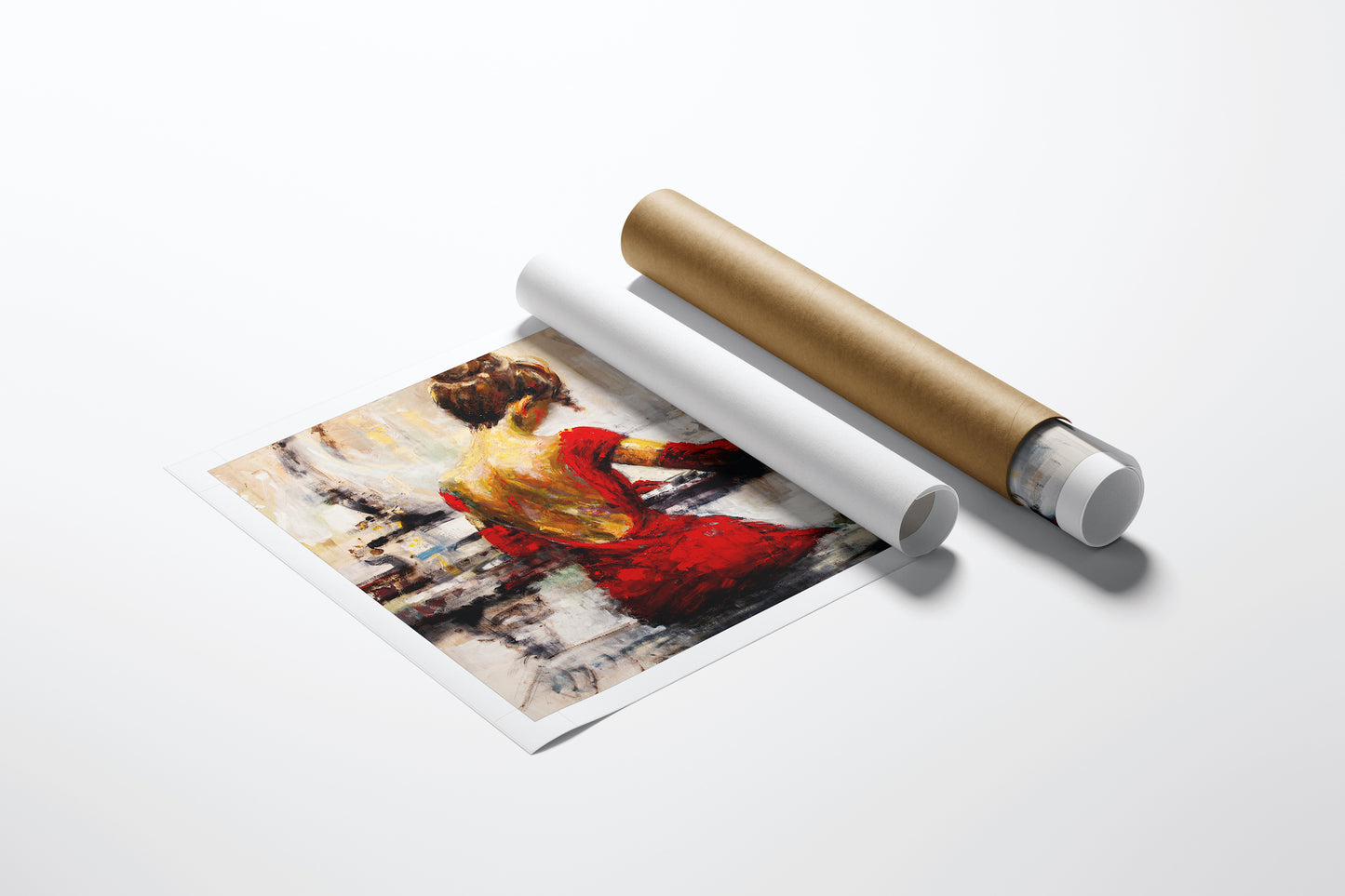 Limited fine art print "With the Flow/AP/#120" showing a woman in a red dress playing piano, rich colors on rolled canvas. - With the Flow/AP/#120 - Artist Proofs, Figurative AP, Rolled Canvas, Women & Piano AP