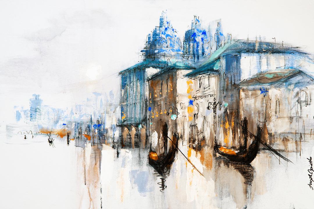 Limited fine art canvas print of a rich cityscape featuring blues and oranges with gondolas on a reflective waterway,. - Venice Study Series #1/#140/B - Blues, Cityscape, Color, Landscape, Oranges, Prints, Subject Matter, Water Scenes