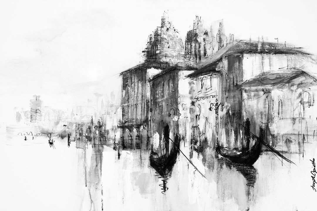 Black and white fine art cityscape of Venice canal with gondolas and detailed historic buildings, rich in craftsmanship and. - Venice Study Series #1/#140/D - Black & White, Cityscape, Color, Landscape, Prints, Subject Matter, Water Scenes