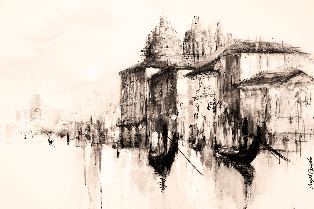 Rich sepia-toned fine art canvas print of Venice cityscape with gondolas and historic buildings, showcasing gallery-level. - Venice Study Series #1/#140/E - Cityscape, Color, Landscape, Prints, Sepia, Subject Matter, Water Scenes