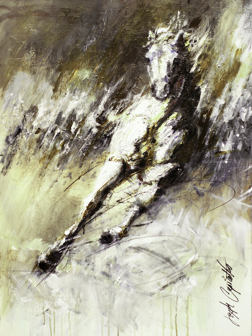 Limited fine art canvas print depicting a dynamic horse in motion using rich greens and yellows with textured, expressive. - Riding Solo/#141/B - Color, Greens, Horses & Wildlife, Prints, Subject Matter, Yellows