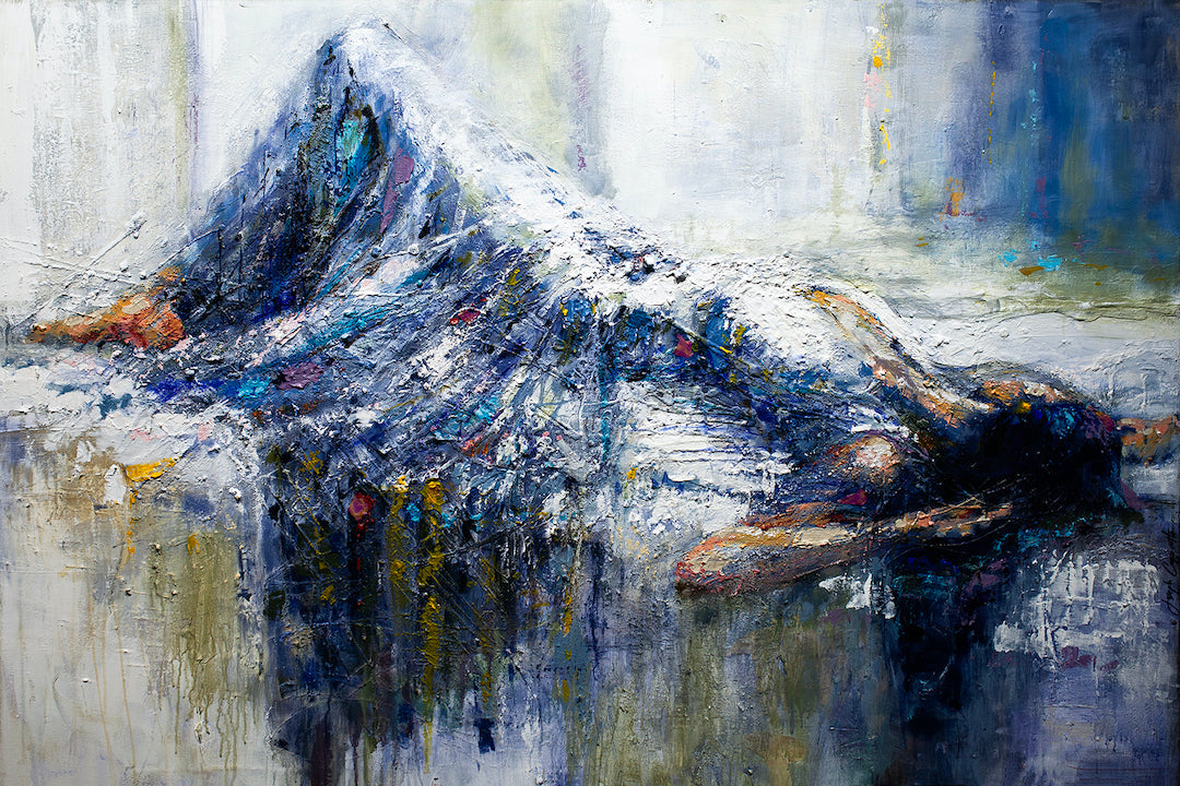 Gallery-level fine art figurative painting of a reclining woman draped in textured blue and white fabric, showcasing rich. - Sunday Siesta/AP/#143 - Artist Proofs, Figurative AP, Rolled Canvas