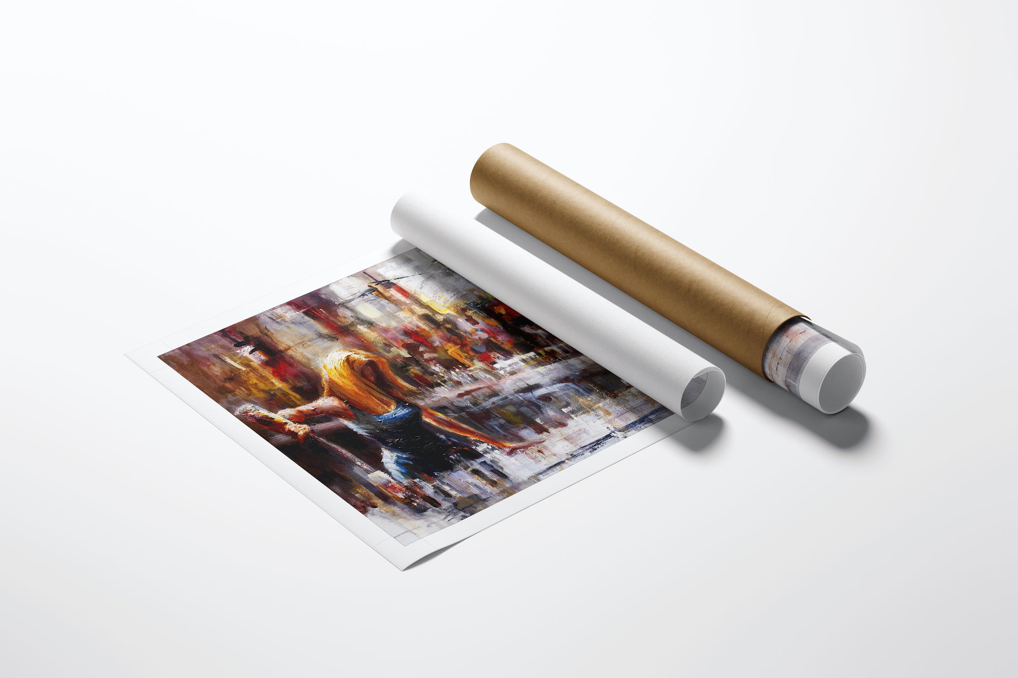 Limited edition fine art print on rolled canvas featuring rich, detailed figurative brushstrokes beside a protective kraft. - Last Call/AP/#144 - Artist Proofs, Figurative AP, Rolled Canvas