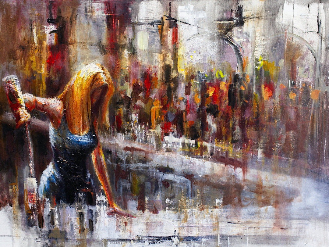 Rich, gallery-level fine art painting of a contemplative woman with blonde hair in a dark dress, rendered in expressive. - Last Call/AP/#144 - Artist Proofs, Figurative AP, Rolled Canvas