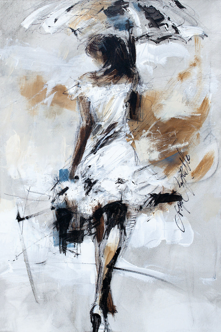 Limited fine art canvas featuring a rich, expressive figurative painting of a woman in white holding an umbrella, showcasing . - Let it Rain 2/AP/#153 - Artist Proofs, Figurative AP, Rolled Canvas